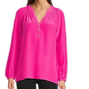Lilly Pulitzer Elsa Silk Notch Neck Long Sleeve Blouse XL Parigi Hot Pink